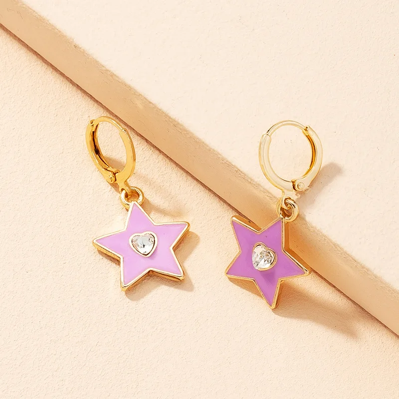 

New Ins Creative Oil Drop Heart Earrings Vintage Pink Star Dangle Earrings For Women Girls Fashion Jewelry