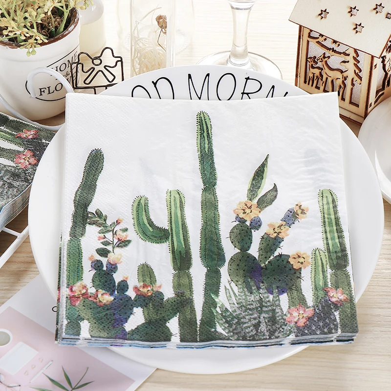 

10pcs Cactus Flower Leaf Printed Paper Napkin Decoupage Festive Party Tissue For Coffee Shop Home Supplies