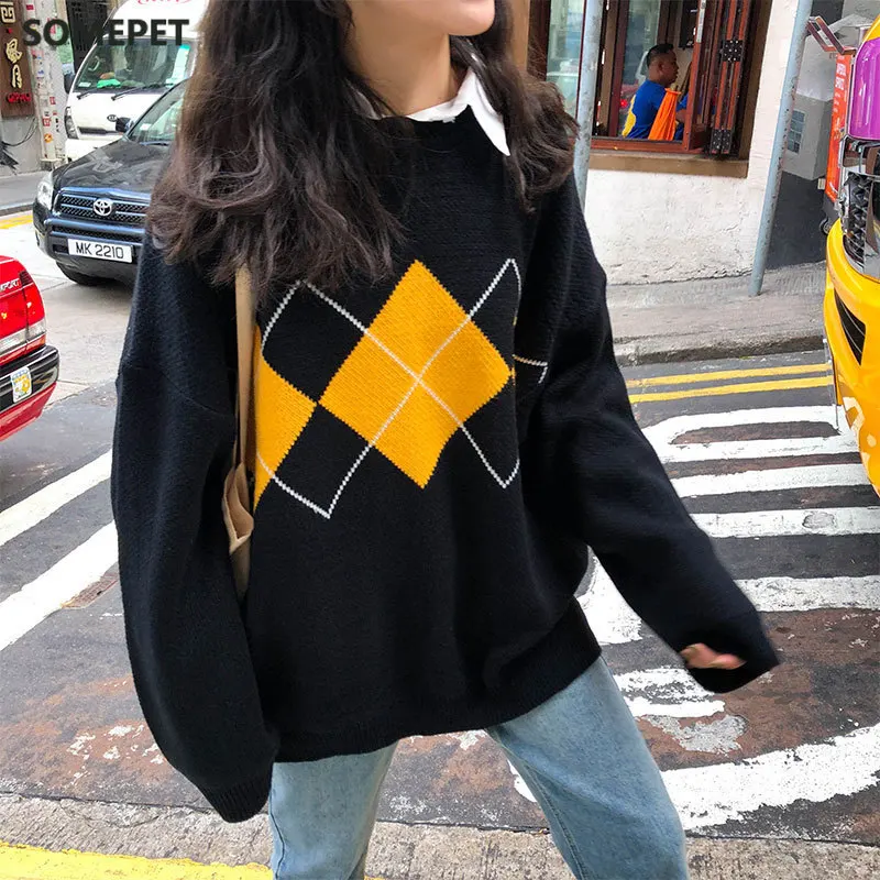 

Korean College Style Autumn Winter Geometric Pattern Argyle Pullovers Loose Oversized O-Neck Knitted Sweaters Woman Jumper Mujer