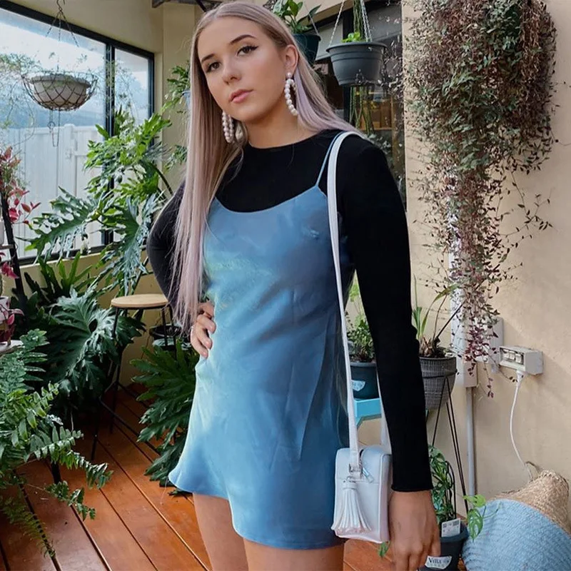 

SWEETKAMA Solid Color Strap Bright Club Dress Backless Fashion Summer Sexy Mini