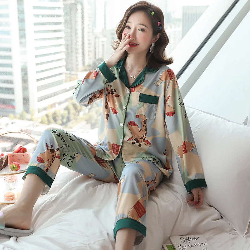 Шелковые пижамные комплекты с длинными рукавами Весенне осенняя шелковая одежда