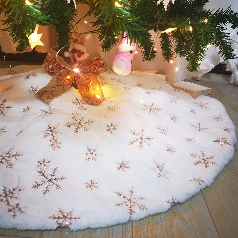 

120cm Christmas Tree Skirt Faux Fur Carpet Snowflake White Plush Mat For Home Xmas Tree New Year Decor Noel Apron Ornament