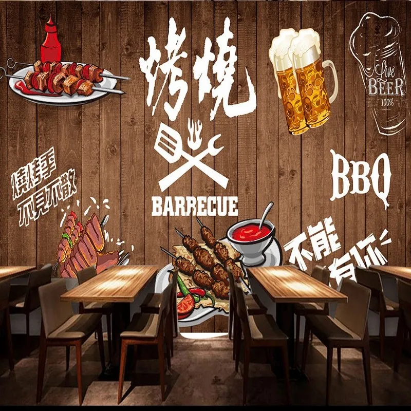 

Drop Shipping Custom Photo Wallpaper Hand Painted Wooden Board Lined Barbecue Restaurant Background Wall Custom Wallpaper Mural