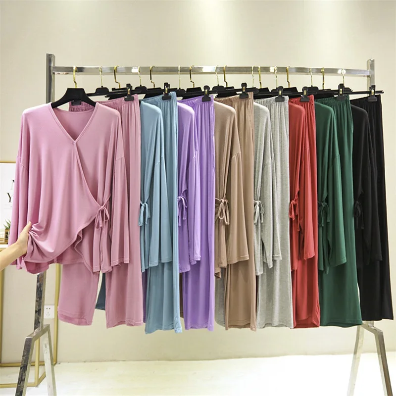 

Japanese Kimono women's Pajamas Set Spring Autumn Ladies Simple V-neck Full Length Loose Casual Long-sleeved Home Service Suit