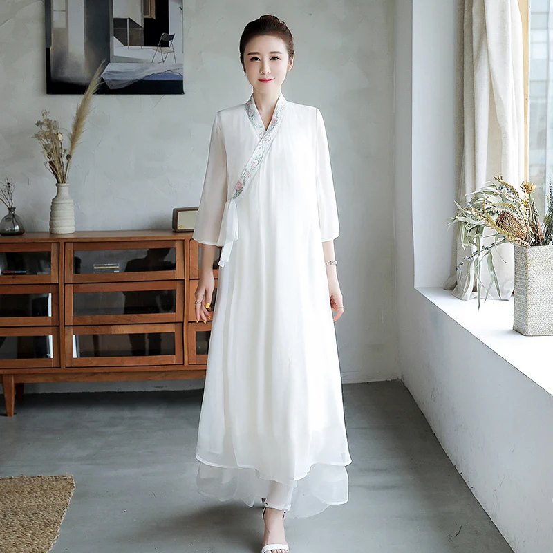 Традиционная китайская винтажная одежда женская белая Hanfu Свободное длинное платье древнее женское танцевальное платье для вечеринки Весна Плюс Размер
