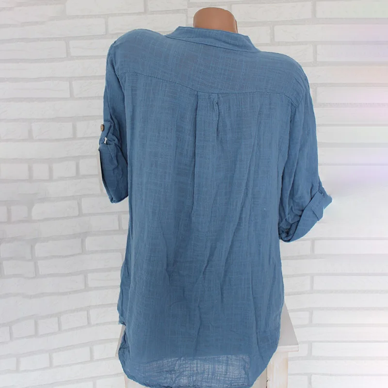 

Women Cotton Linen Stand Collar Shirt Tops Plus Size 3XL Pocket Womens Shirts 2021 Summer Spring Loose Top Female