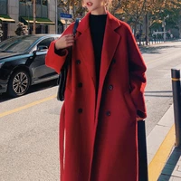 winter autumn christmas red black loose long wool coat jacket belt woolen overcoat korean women split hem cardigan outerwear xl