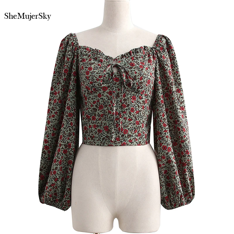 

SheMujerSky Women Square Collar Long Sleeve Blouses Floral Print Elastic Cropped Tops 2021 Casual Shirts