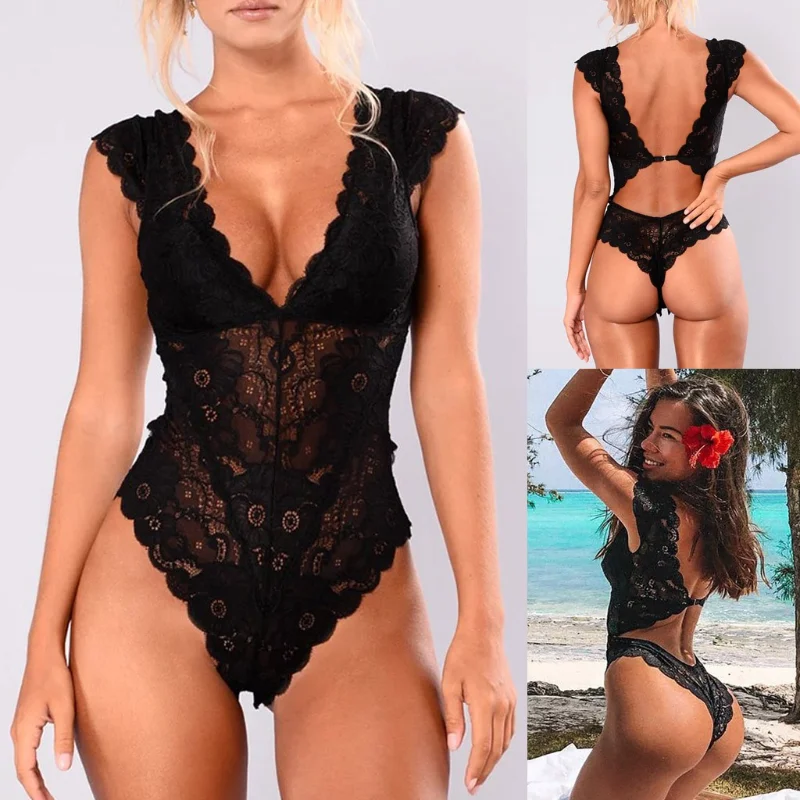 

Women Ladies Sexy Solid Lingerie Bodysuits Lace Mesh Hot Open Crotch Underwear Backless Pajamas Hollow Slim V-Neck Female Erotic