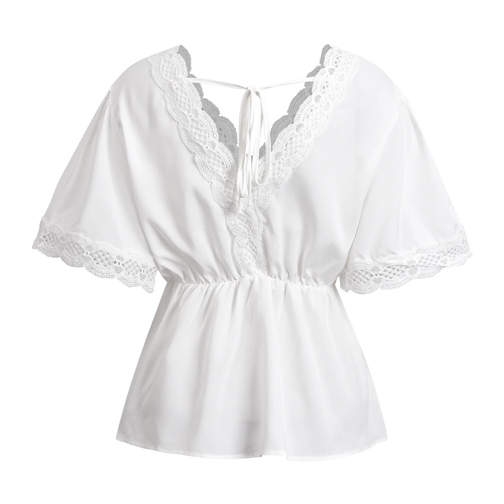 

Lace Slim Waist Women's Blouses Wide Short Sleeve V Neck Sexy Female Blouse Tops Solid Back Drawstring Shirts Ladies Blusa D30