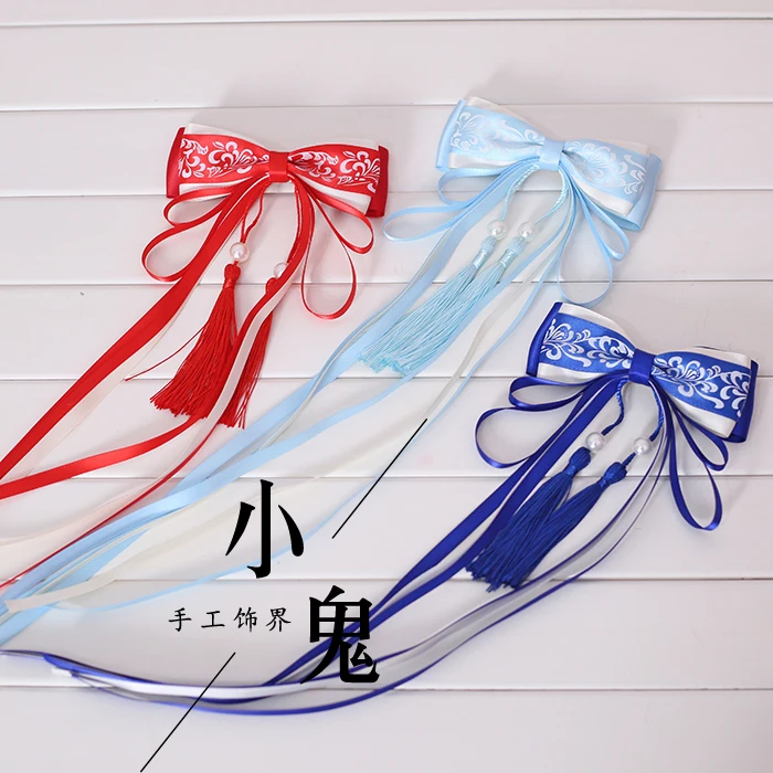 Винтажная заколка в китайском стиле сине-белая фарфоровая с бантом ретро