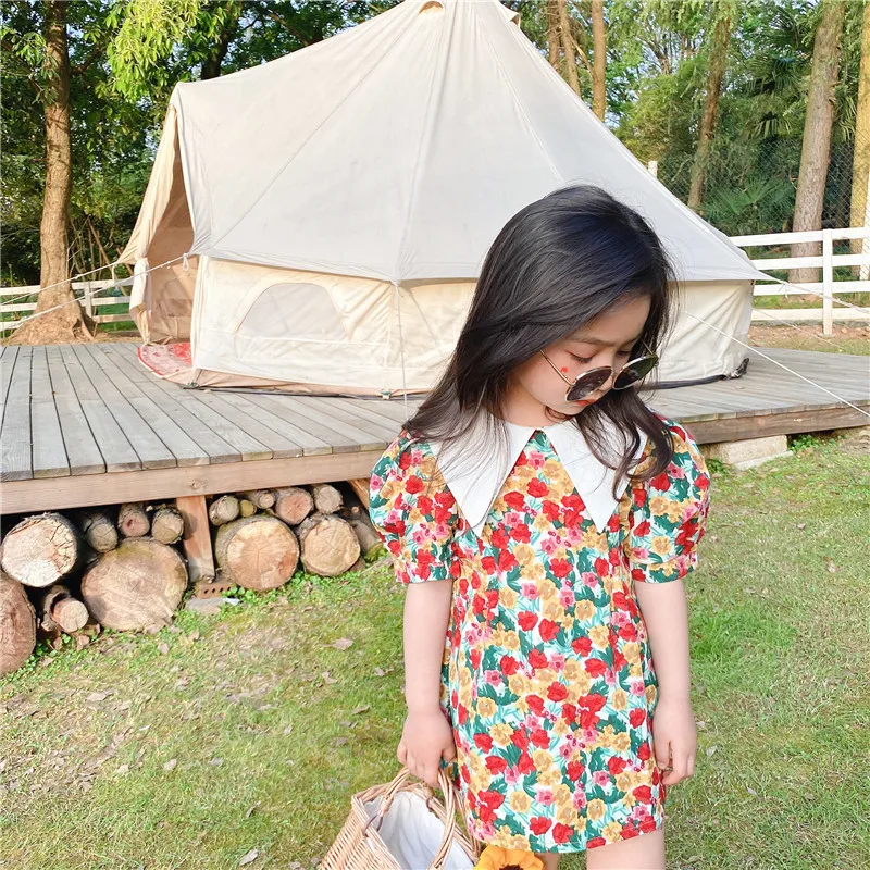 2020 New Summer Little Girls Short Puff Sleeve Floral Chiffon Lapel Collar Princess Dresses Toddler Children Fashion Sweet Dress | Детская