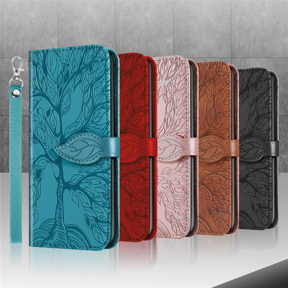 

Tree Embossing Leather Flip Wallet Case For iPhone 6 6S 7 8 Plus 11 12 Pro Max 12 Mini X XS Max XR SE 2020 With Hand Strap