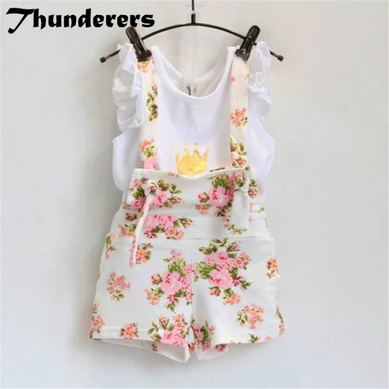 Girls clothing set summer fashion new two-piece gold crown T-shirt + pink flower bib suit cute kids clothes sets | Мать и ребенок