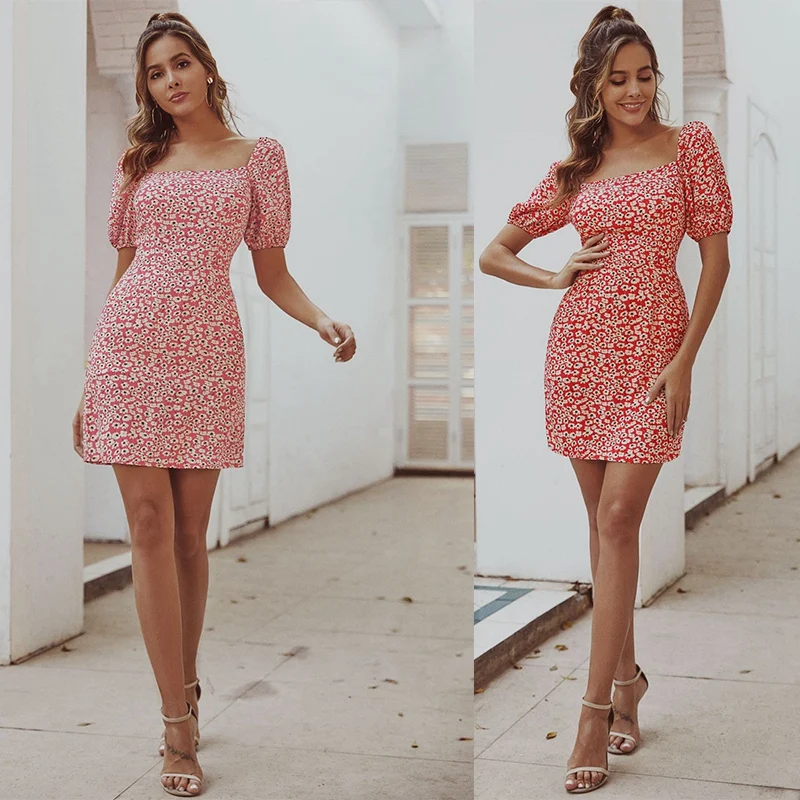 

Women Floral Print Elegant Dress Flare Short Sleeve Casual A-Line Dresses Lady Mini Beach Dress