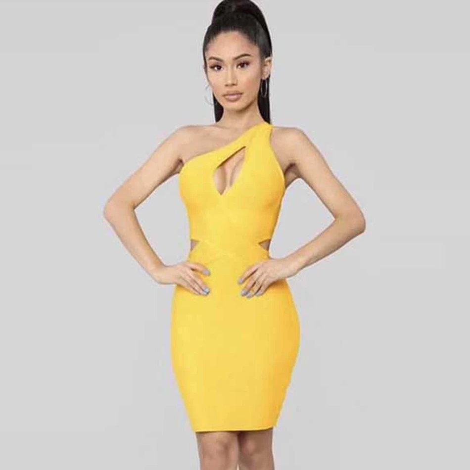 2021 Summer New Bandage Dress Yellow Sexy Sleeveless One Shoulder Hollow Bodycon Mini Dresses Club Evening Party Vestidos | Женская
