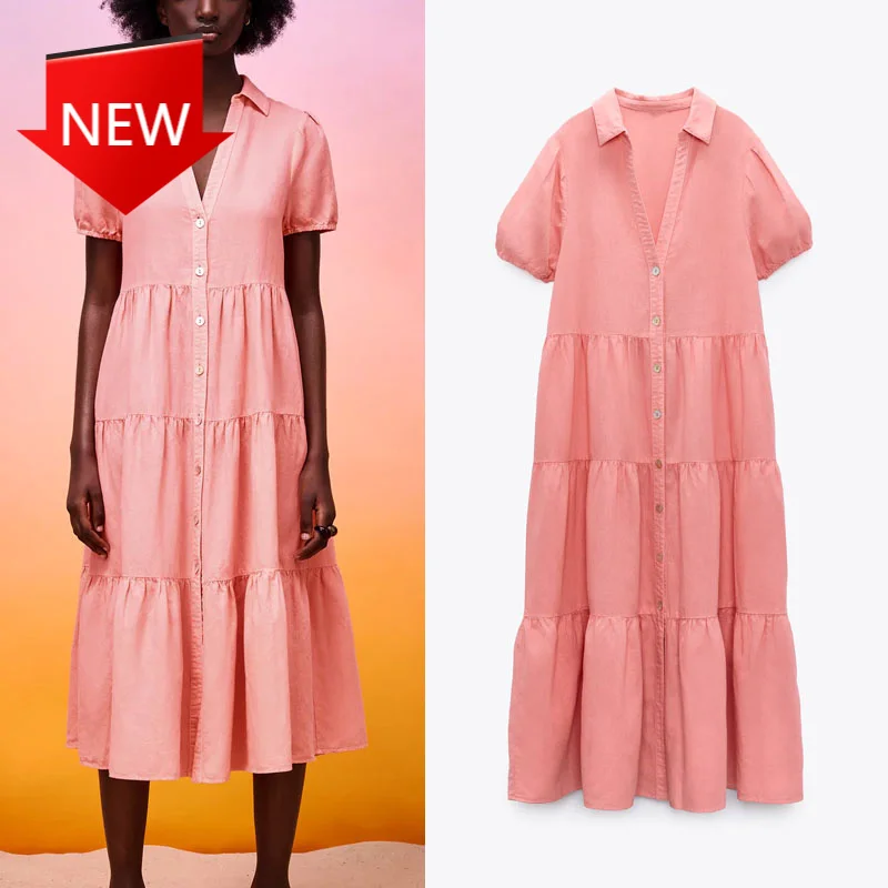 

Women Vintage Lapel Short Puff Sleeve Dresses Casual Button Up Flounced Office Lady Dress 2021 Summer Pink Tiered Midi Dress