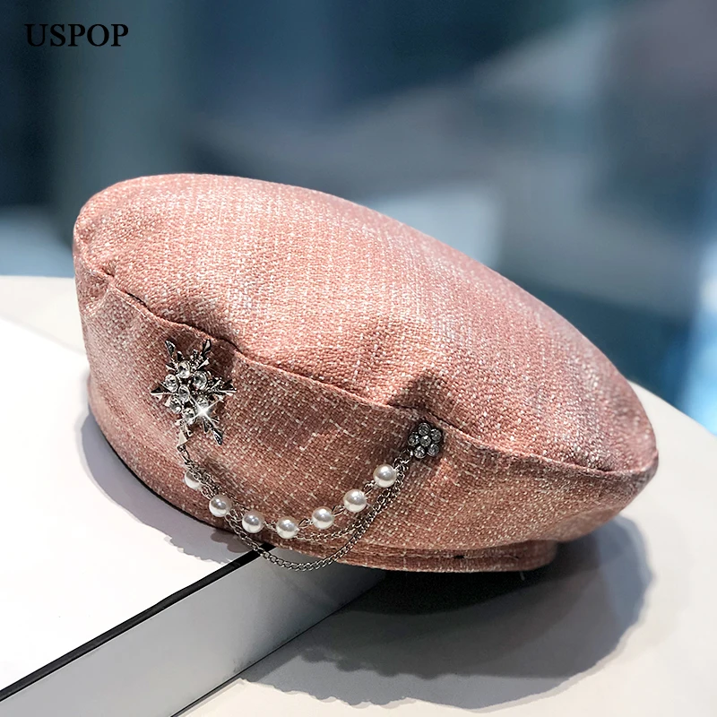 Женский берет в шотландскую клетку USPOP 2020 осенние шапки с жемчужной цепочкой |