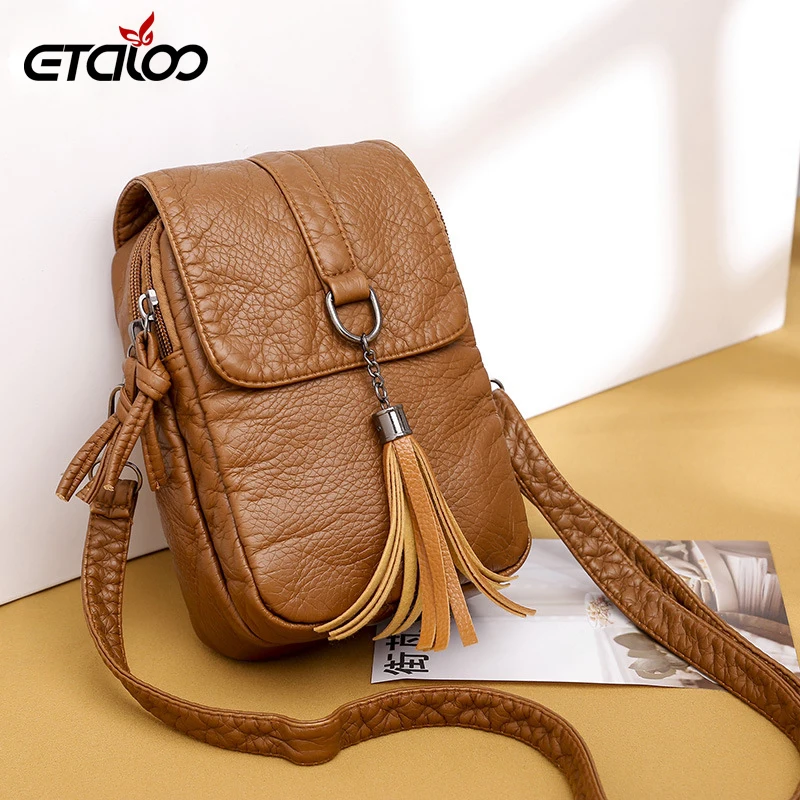 

New Small PU Leather Shoulder Bag Casual Handbag Crossbody Bags for Women Phone Pocket Girl Tassel Designer Purse Mini Messenger