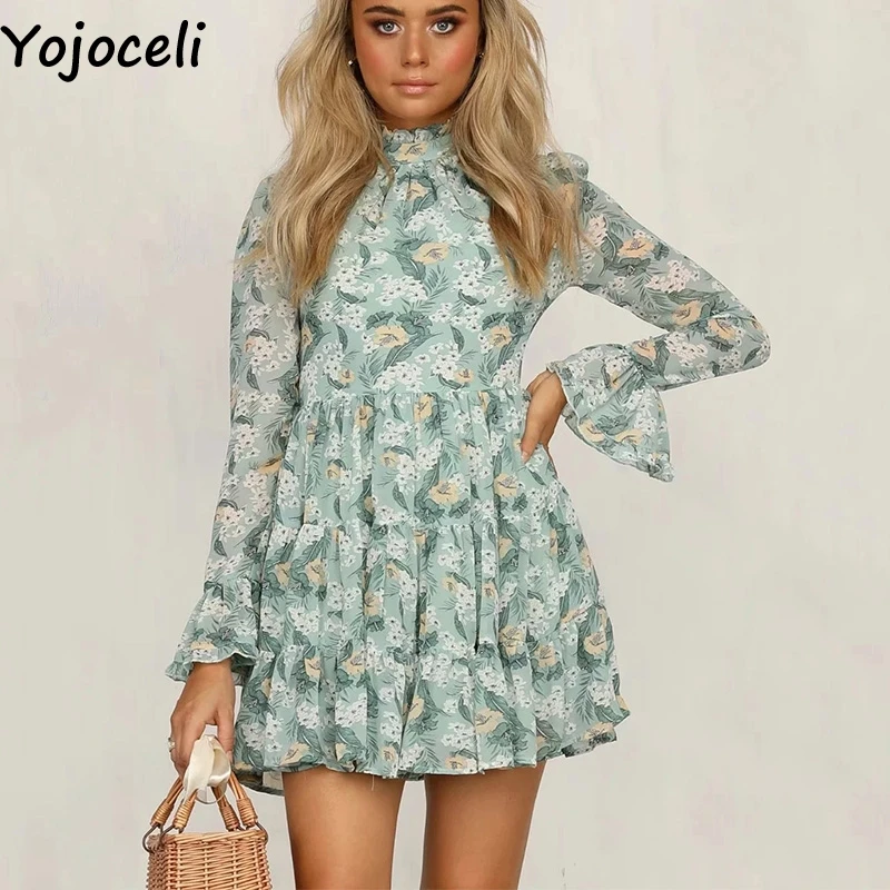 Yojoceli сексуальное шифоновое платье с принтом и рюшами Осеннее повседневное