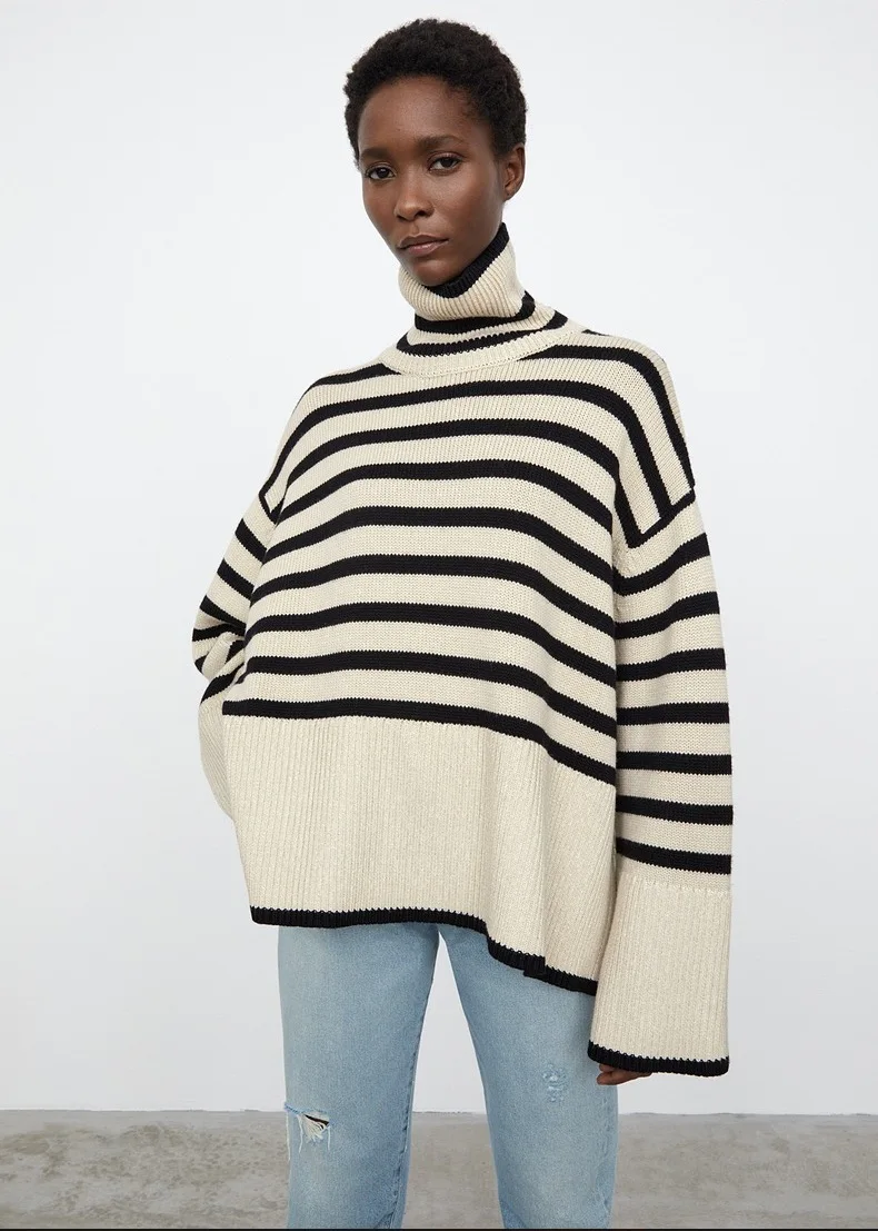 

White Casual Striped Loose Side Slit Women's Sweater Turtleneck Long Sleeve Korean Fashion Sweaters Female 2021 Autumn Style