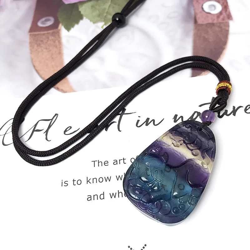 

12 Zodiac Pig Natural Rainbow Fluorite Striped Pendant Purple Green Healing Crystal Carving Amulets Jewelry DIY Necklace
