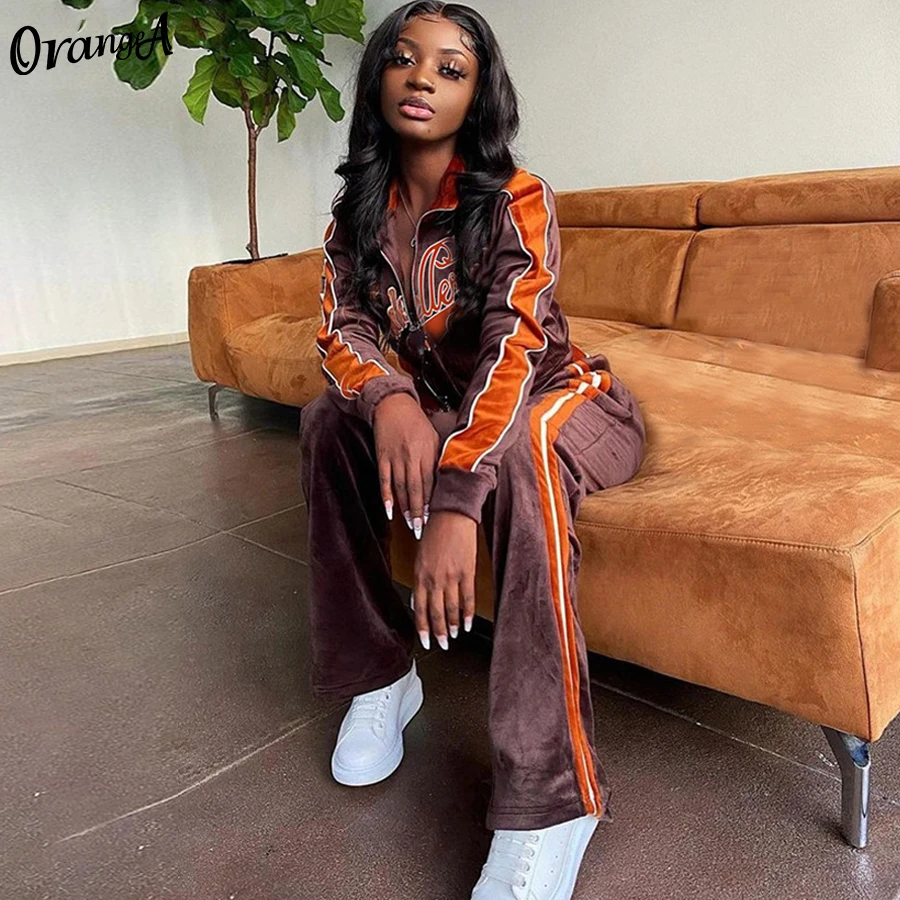 

OrangeA Women Tracksuit Letter Print Velvet 2 Piece Outfit Sweatshirt+Straight Sweatpants Matching Set Fitness Sporty Streetwear