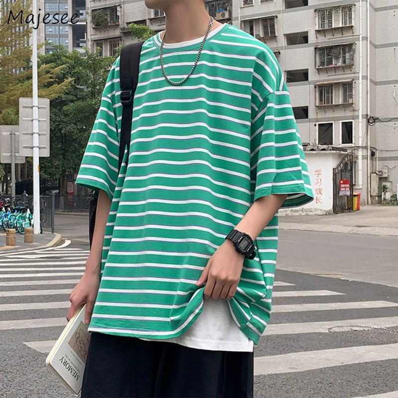

Мужские футболки с коротким рукавом в полоску ретро шик моды японские Стиль уличный сверхразмерный Bf Harajuku Хай-стрит размера плюс S-3XL