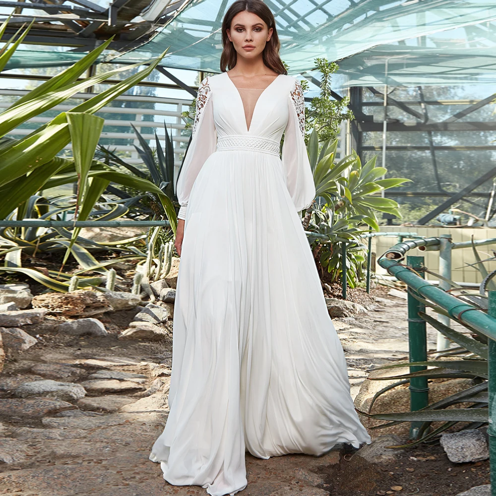 

2021 New Long Sleeve Wedding Dresses Floor-length Chiffon Beach Bride Dress Boho vestido de fiesta de boda