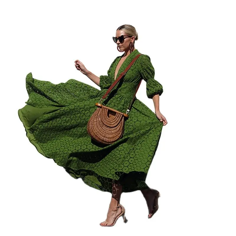 

New Ladies Dress Deep V Full-skirted Dress Long-sleeved Dress