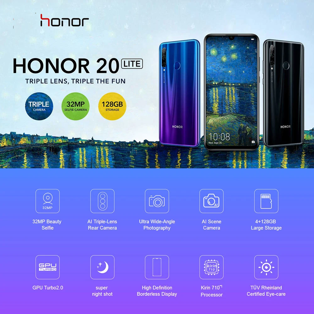 6,21 дюймовый FHD+ Honor 20 Lite мобильный телефон 4 Гб 128 Гб 32 Мп+ 24 Мп Android 9,0 восьмиядерный смартфон с функцией распознавания лица NFC 3400 мАч 4G