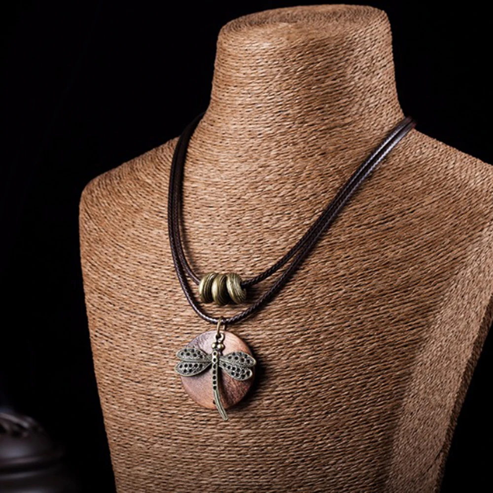 Fashion Choker Woman Necklaces vintage Jewelry Dragonfly Wooden pendant Long necklace for women collares mujer kolye| |