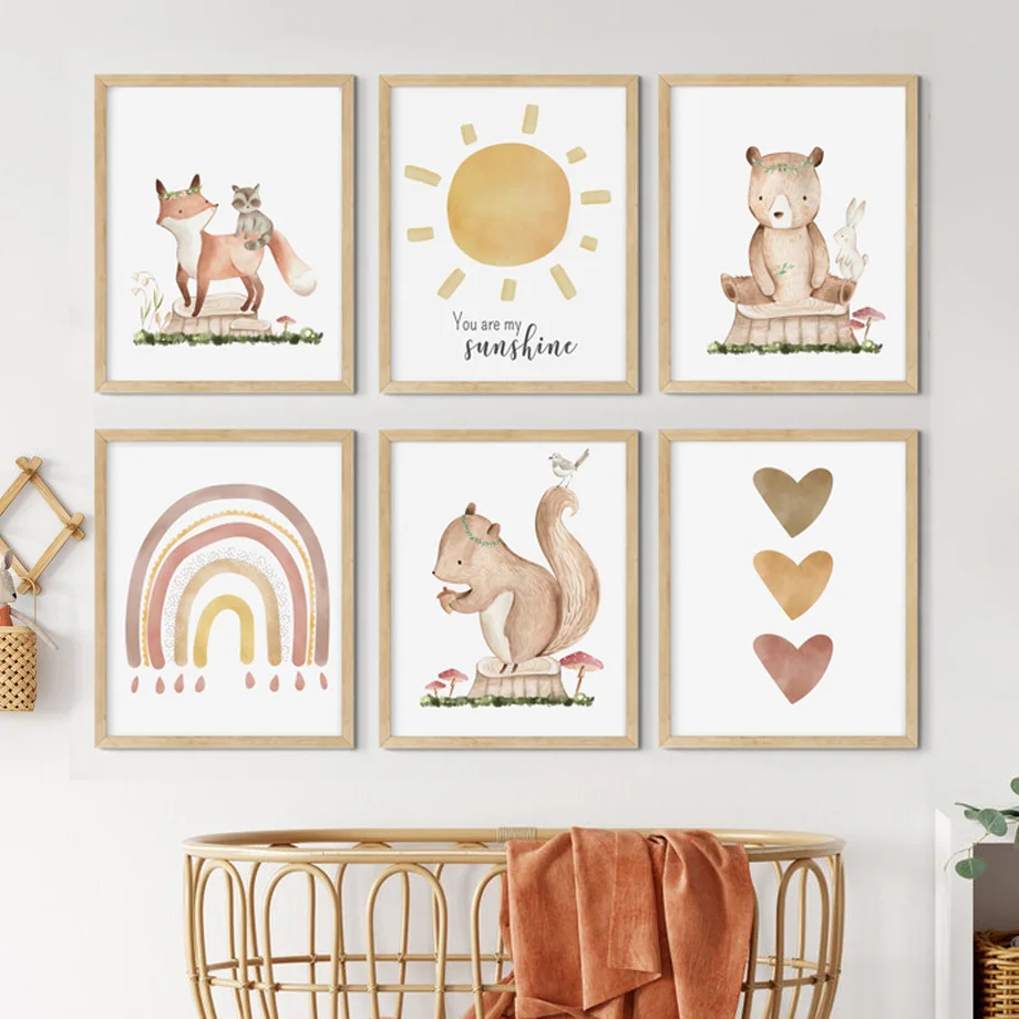 

Cartoon Fox Rainbow Bear Sun Squirrel Rabbit Mushroom Boho Nordic Wall Art Canvas Painting Posters And Prints Kids Room Decor