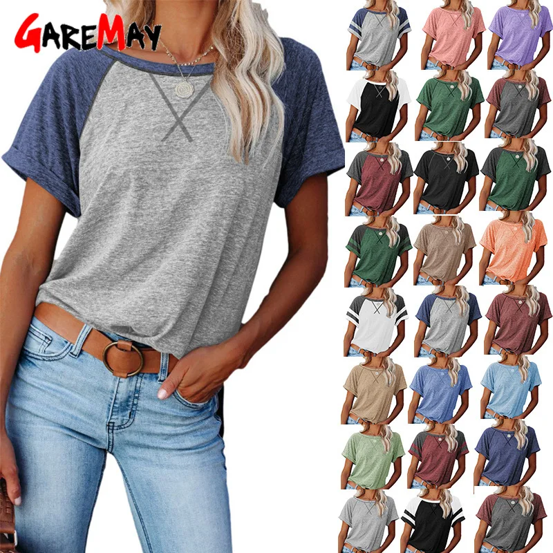 

2021 New Spring Summer Wommen Oversized Loose Short Sleeve Casual Cross Graphic Border Color Women's T-shirt Female Top Blouses