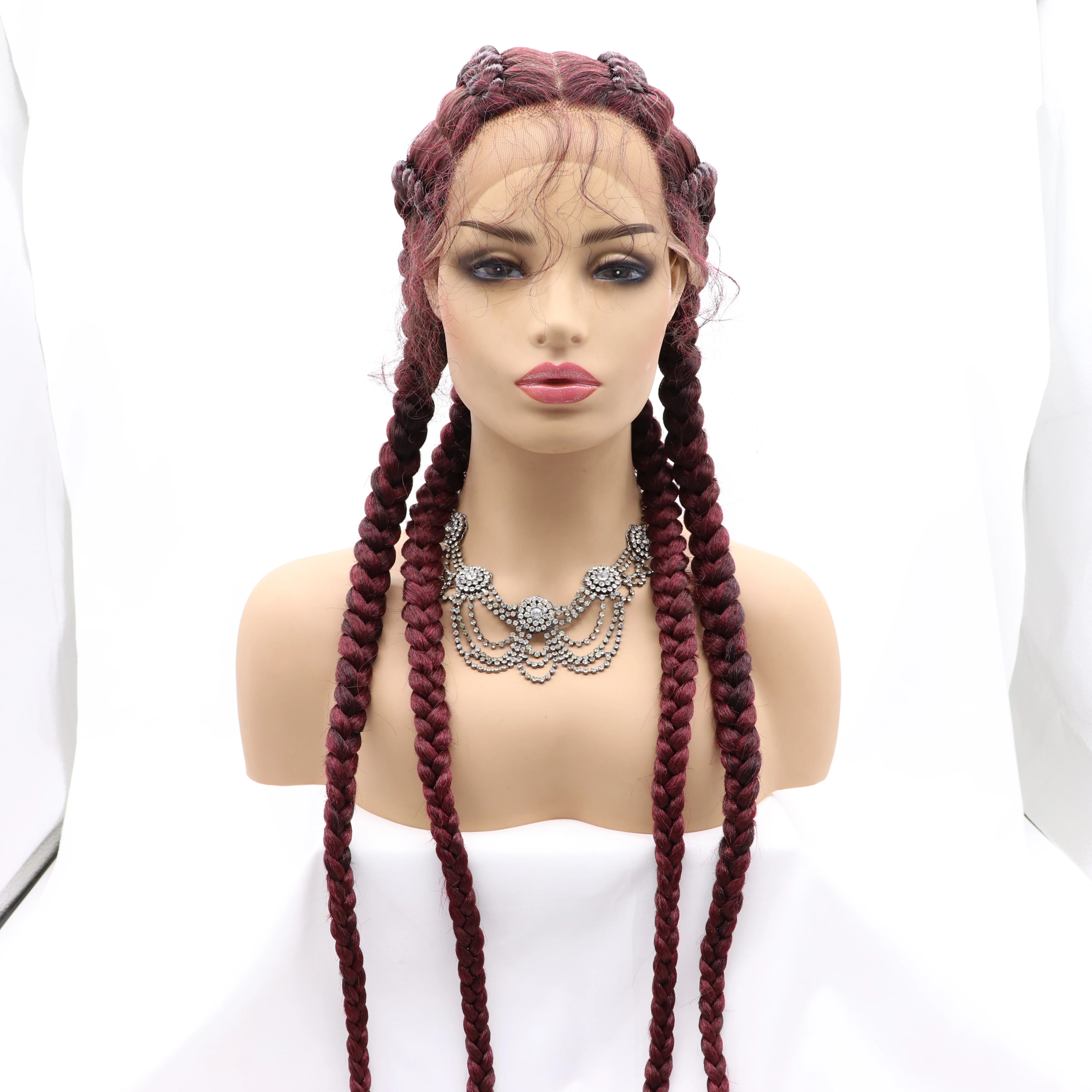 Sylvia 4 Braided Synthetic Lace Front Wigs With Baby Hair Wine Red Heat Resistant for Women Cosplay Drag Queen Wigs