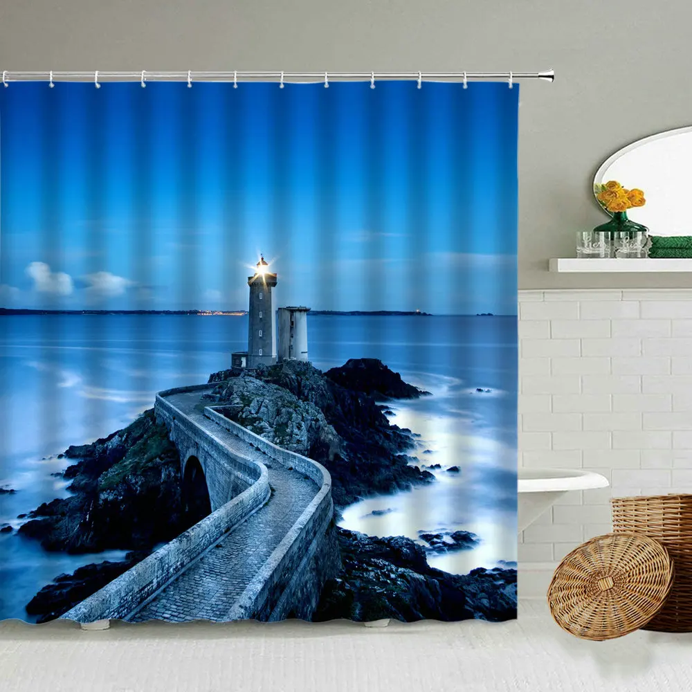 

Затеняющий экран для ванной комнаты, Морской Маяк, занавеска с крючком, пейзаж, средиземноморский океан, украшение для дома