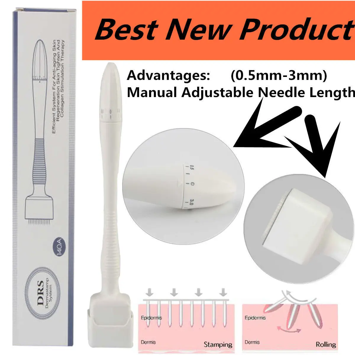 

Adjustable Needle Length Derma Stamp DRS 140 Real Needles Microneedle for Skin Care Acne Marks Beard Hair Regrowth Microneedling