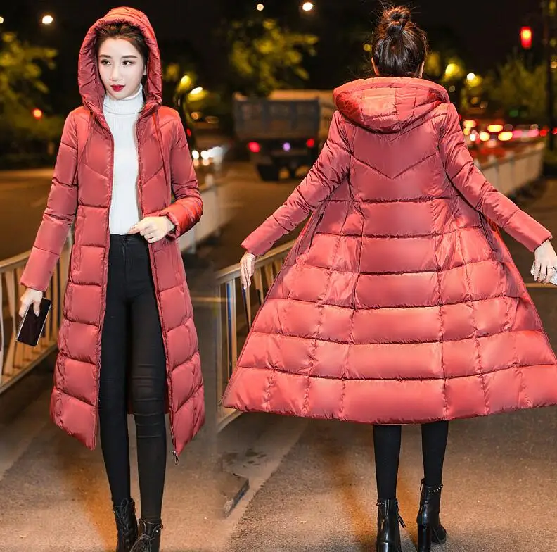 Женская парка, модная зимняя женская куртка, 6XL, manteau femme hiver, хлопковое пальто, женская куртка с капюшоном, тонкая Длинная парка - Цвет: Dark red