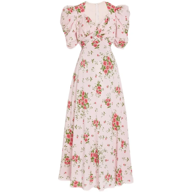 

fashion Floral Print French Style Long Dress Summer Women Puff Sleeve V Neck Party Prom Sexy High Waist Elegant Pink Sundress