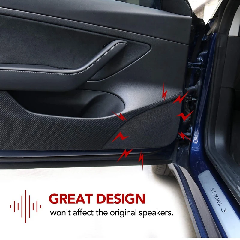 

for Tesla Model 3 2019-2021 Car Leather Carbon Fiber Pattern Door Protector Anti-Kick Mat Pad Accessories,5 Pcs/Set