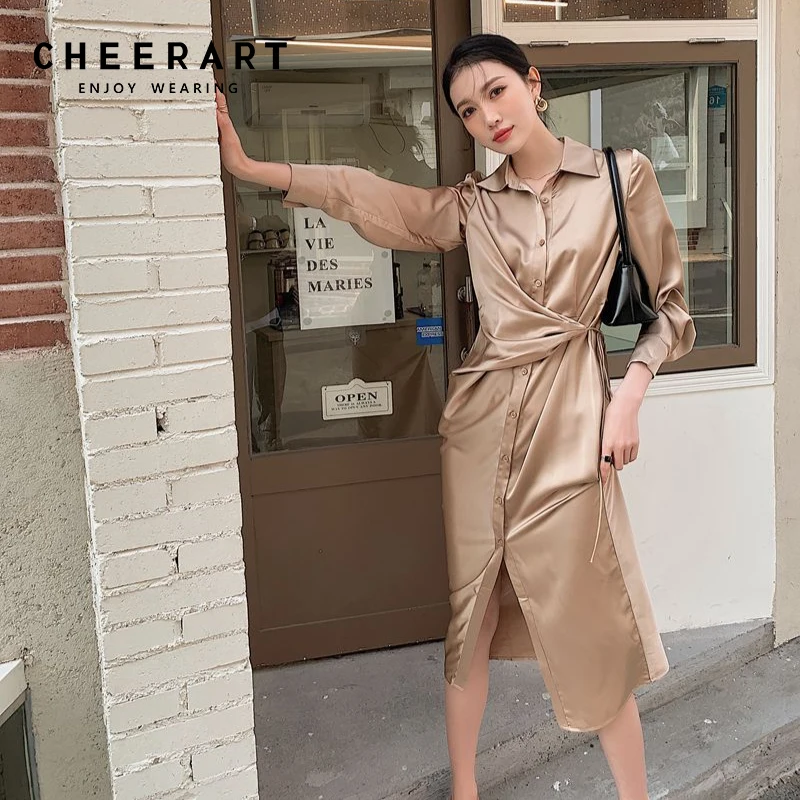 

CHEERART Fall Clothes For Women Khaki Long Sleeve Button Up Shirt Dress Lace Up Asymmetrical Long Midi Dress Autumn 2021