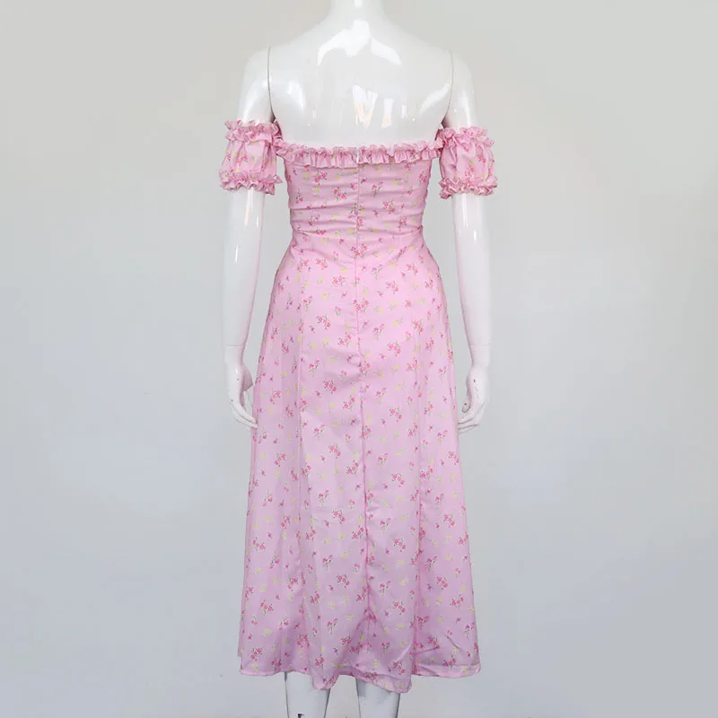 

WEPBEL Dress Women's Sexy Slim Dress Summer Casual Floral Print Short Sleeve Backless Strapless High Waist Slit Dress