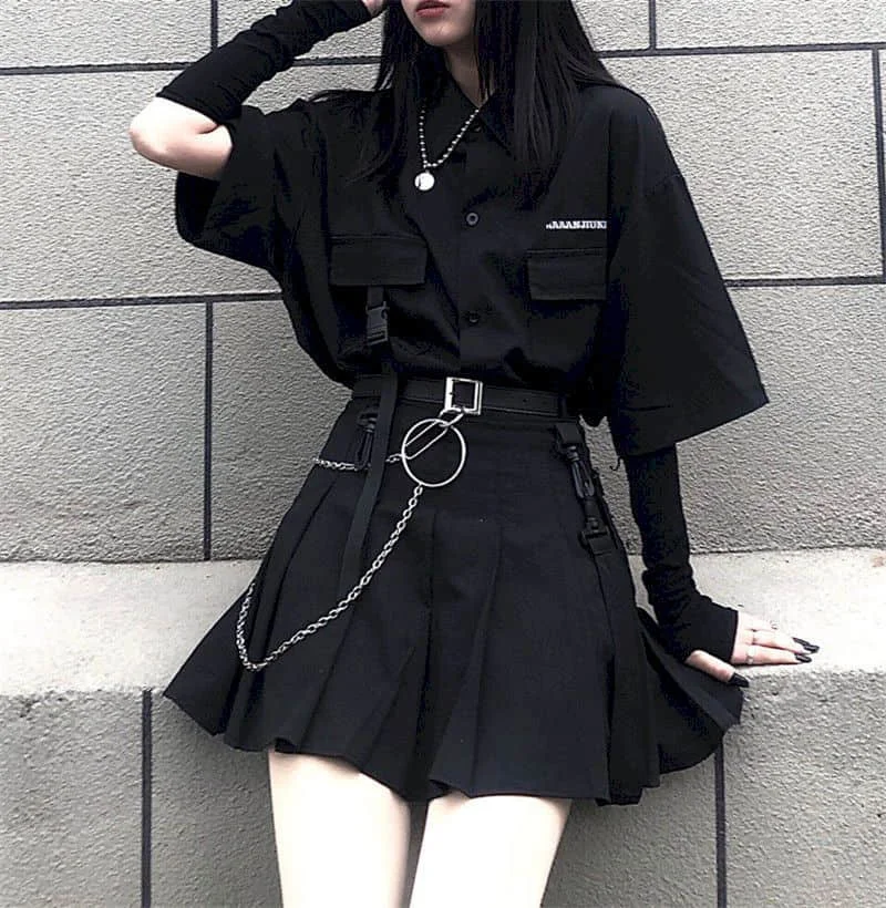 

Two Piece Ladies Skirt Korean Versatile Dark Loose BF Shirt Top Women Fashion Two Piece Set Skirt Jupe Dropshipping Summer Dress