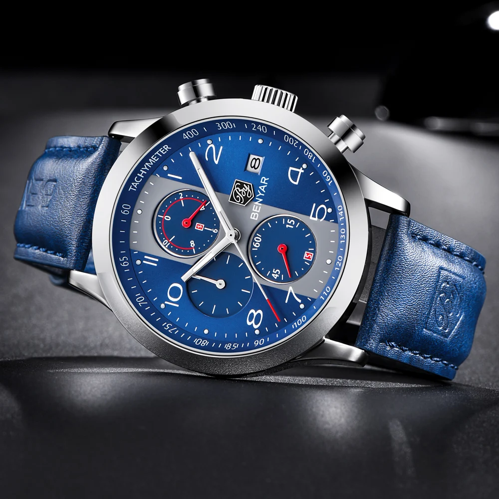 

New Fashion Chronograph Sport Watches Men Leather Strap Brand Quartz Blue Watch Clock Relogio Masculino Reloj Hombre