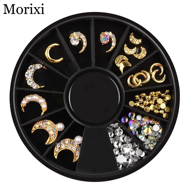 

Mixed size nail jewelry metal moon with rainbow diamond pearls strass nail art DIY 3D nail sticker manicure accessories MZ049