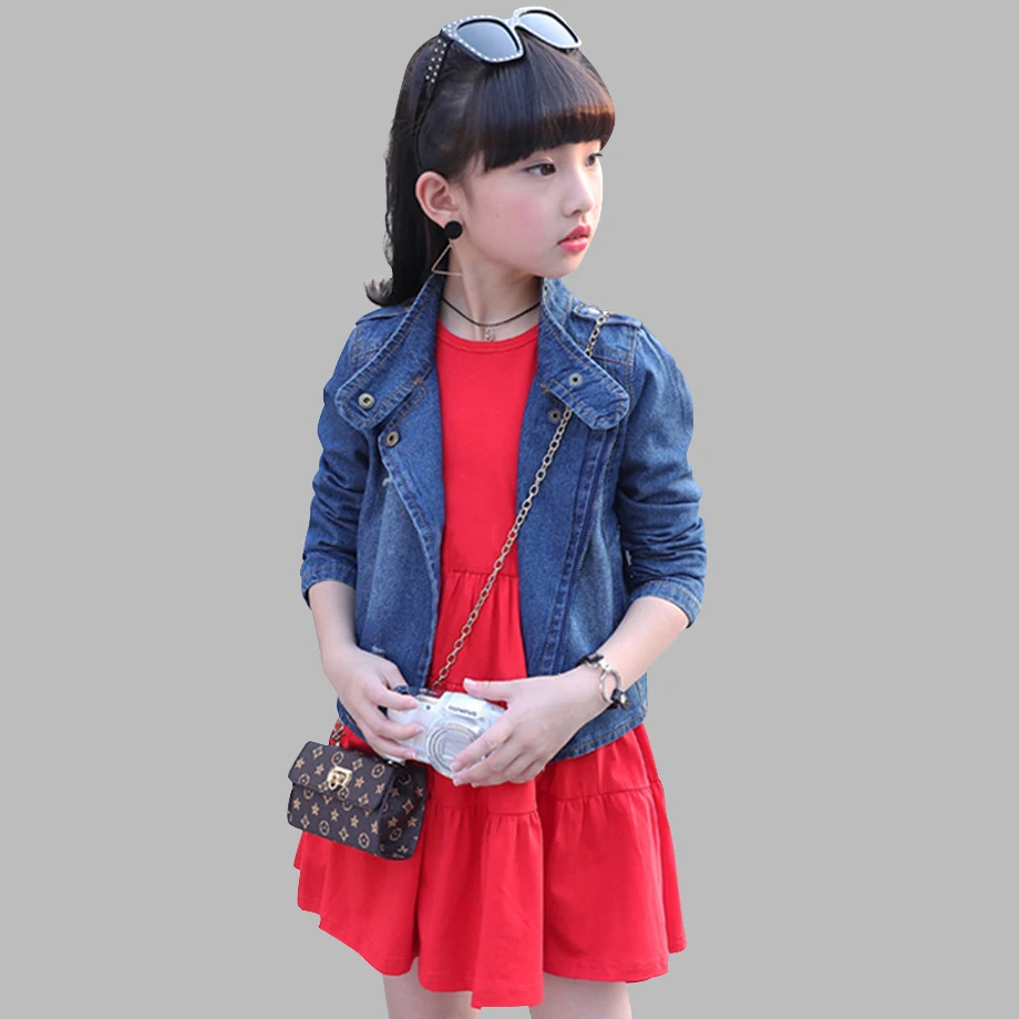 Осенняя одежда для девочек джинсовая куртка + однотонное платье с длинными