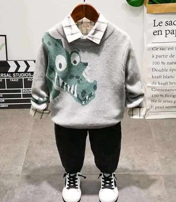 

Комплект одежды для маленьких мальчиков, осенне-зимняя детская одежда для мультяшного свитера, рубашки и брюки, комплект из 3 предметов, Детский костюм, детские костюмы