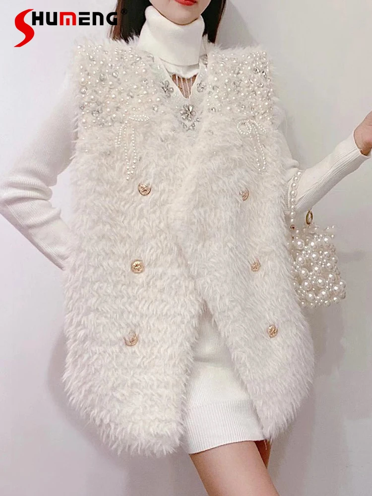 

Женский зимний жилет, новинка 2021, Милая Фея безрукавка в Корейском стиле, женская модная однотонная имитация овечьей шерсти с бусинами, утеп...