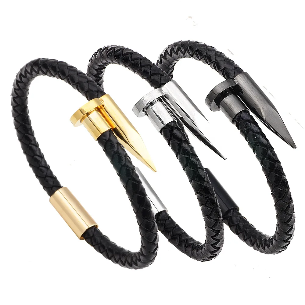 Woogge панк браслет для ногтей кожаные мужские браслеты черные серебряные