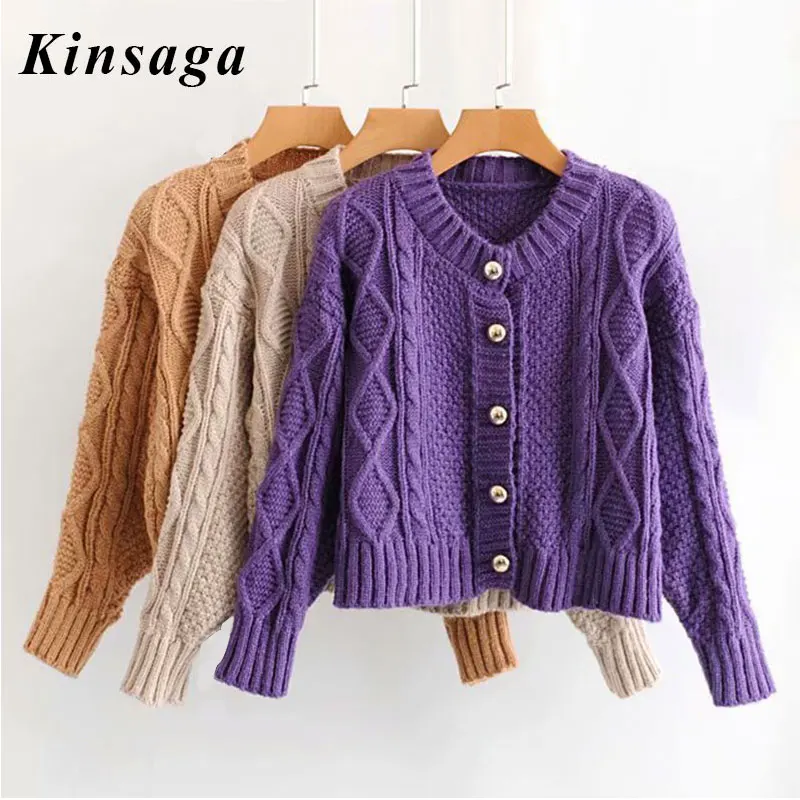Women Retro Rib Cropped Cardigans Sweaters With Button Female Thick Loose Short Sweater V-Neck Long Sleeve Knitted |